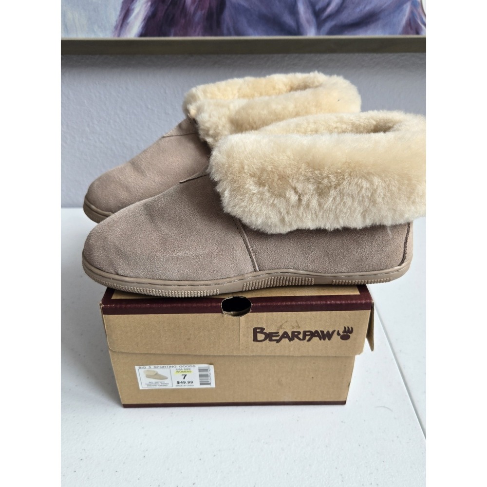 Bearpaw Traditional Women's Suede Bootie Slippers Faux Fur Lined Beige 7